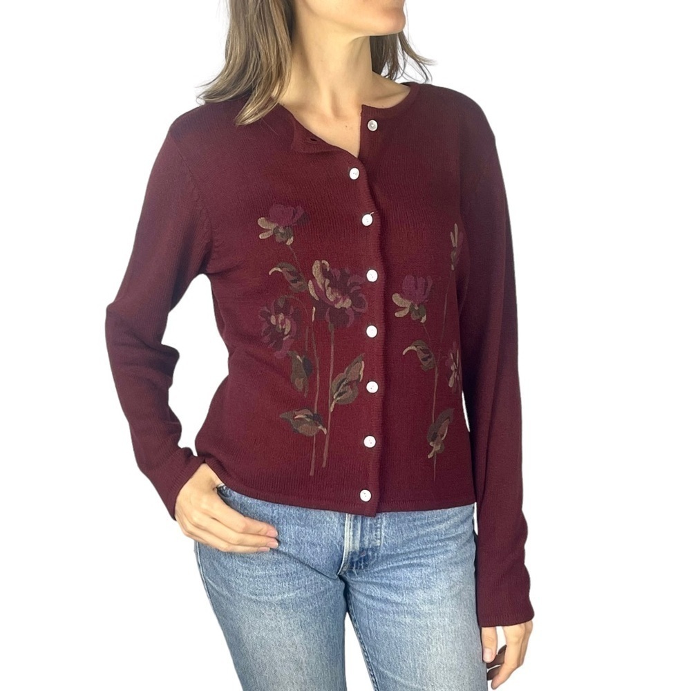 PENDLETON PAINTED FLORAL BUTTON DOWN CHERRY RED CARDIGAN SWEATER